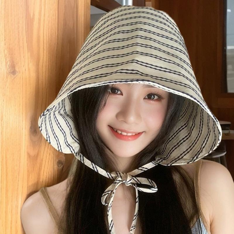 Women'S Wide-Brimmed Foldable Bucket Hat With Drawstring Korean Style Striped Panama Outdoor Hiking Hat Sun Protection Hat