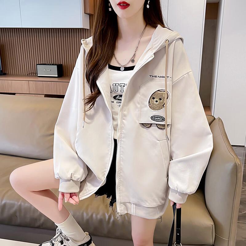 ZOSOUL College Style Bear Embroidered Hooded Jacket