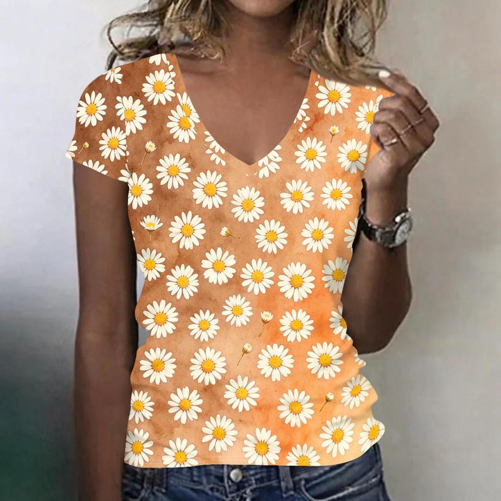 Women Casual V Neck Short Sleeve Floral Print T Shirt Lightweight Soft Fabric Comfortable Fit Summer Top