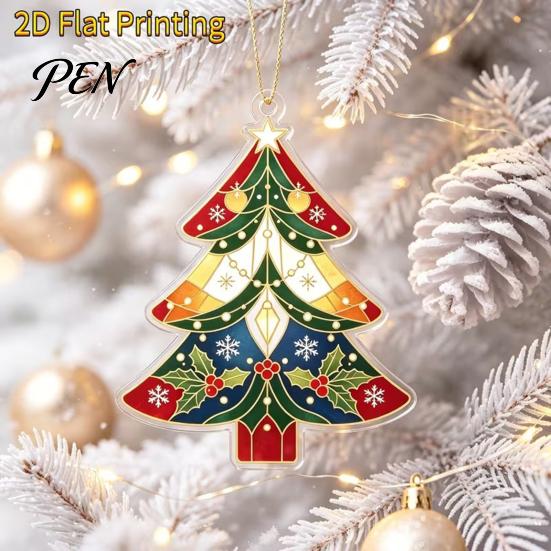 Lightweight Tree Pendant with Lanyard 2D Flat Acrylic Christmas Ornament, Vintage Stained Waterproof Souvenir Gift Glass Style Hanging Pendant,