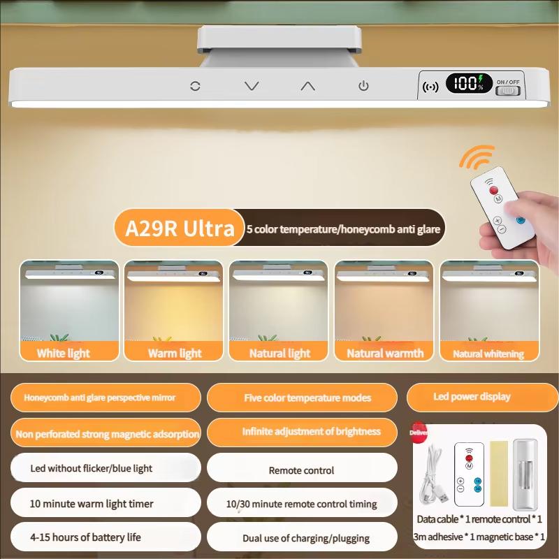 Remote LED Desk Lamp Magnetic Hanging Night Light USB Rechargeable Table Lamp 3 Colors Reading Light For Cabinet Closet Wardrobe