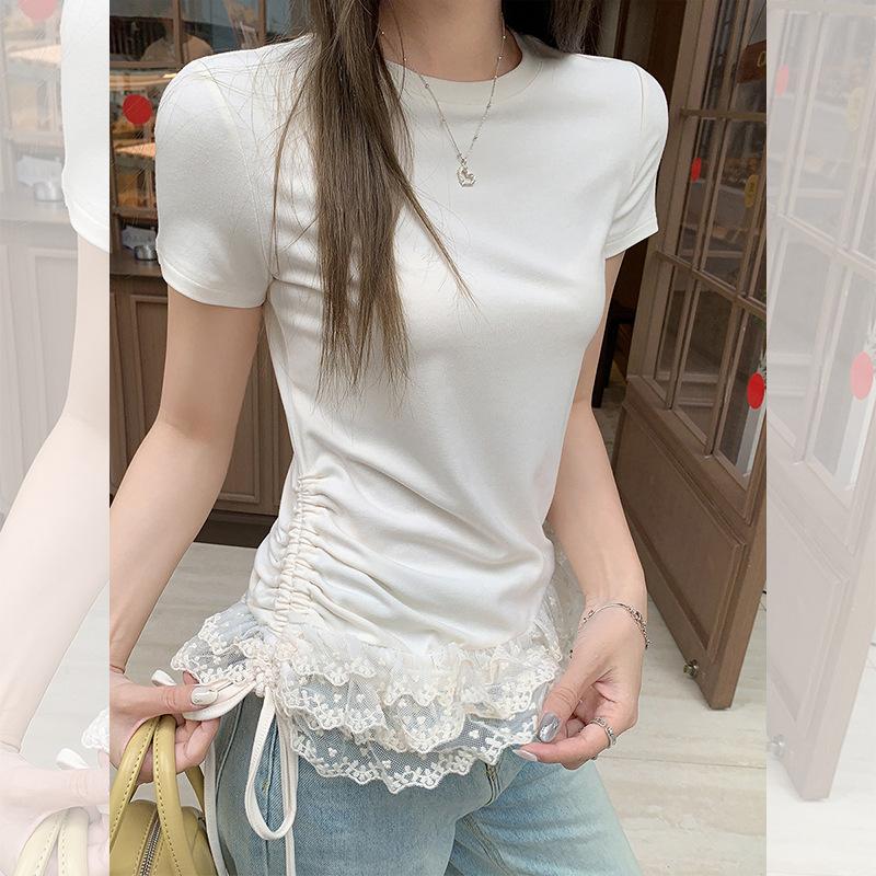

Pure lace lace round neck short-sleeved T-shirt women s summer new pleated waist beautiful inner top S абрикосовый