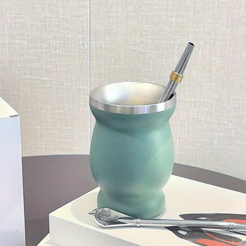 1 Set Yerba Mate Cup 304 Stainless Steel Double Wall 8oz Yerba Mate Gourd Cup With Straw Spoon And Cleaning Brush Teaware Sets