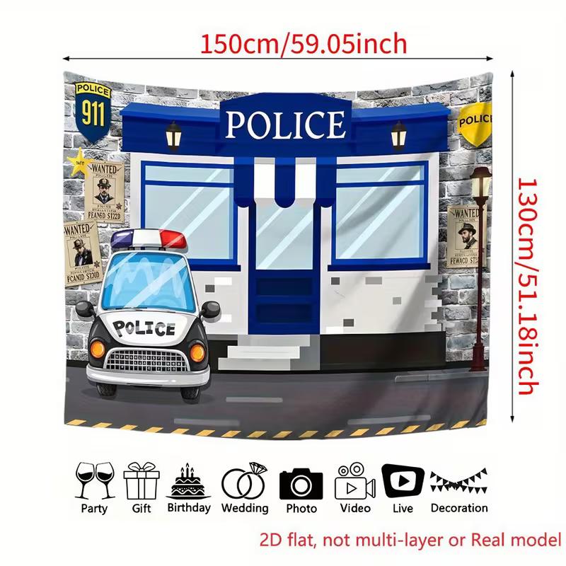 2D Cartoon Police Station Backdrop with Police Car & Wanted Posters