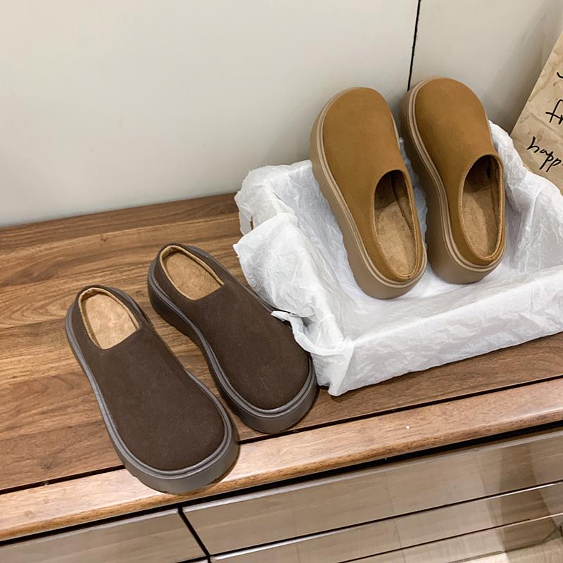 Fashion 2025 New Women's Platform Heel Fashion Casual Shoes Closed Toe Slip On Suede Wear Resistant Chunky Increase Height Slippers