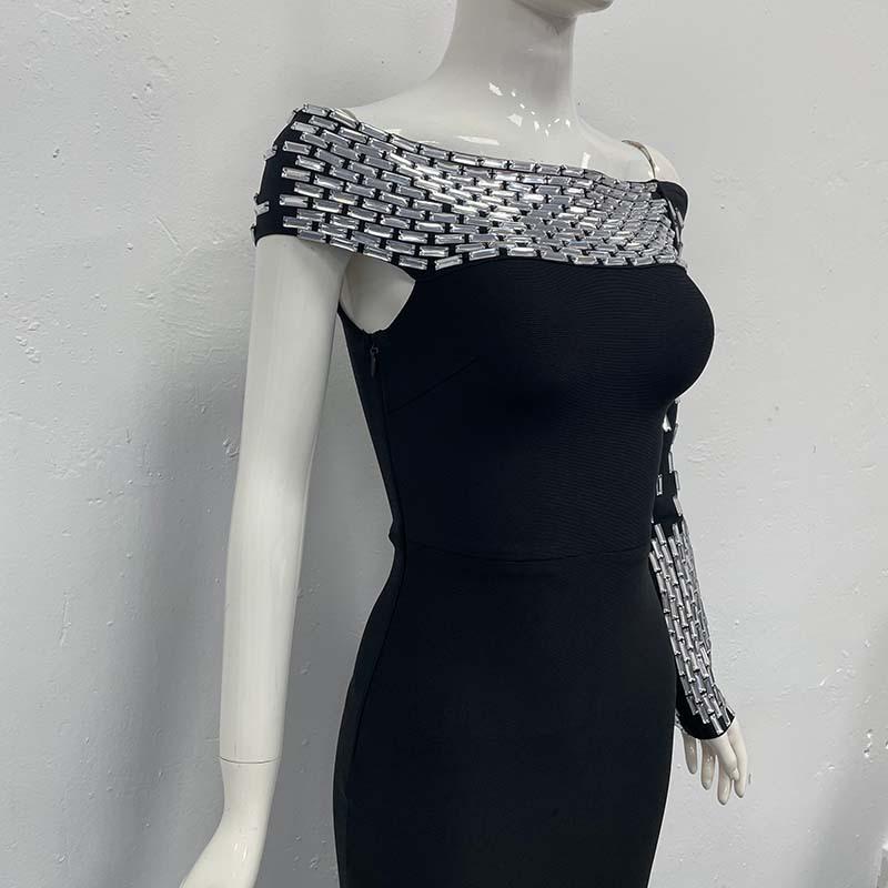 Rochie Bodycon Bandaj Europeană & Americană cu Strass-uri, pe un umăr