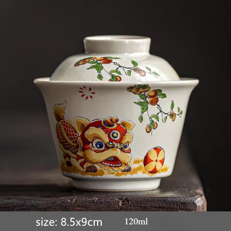 Ceramic Handmade Gaiwan Creative Color Painting Lion Tea Tureen Portable Office Tea Bowl with Cover Teacup Chinese Tea Set