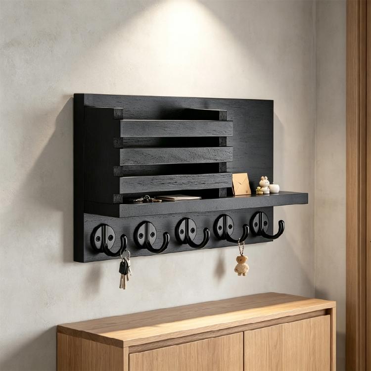 Wall Mail and Key Holder Wooden Entryway Shelf with Upper Storage Space Front Slot and Hanging Section for Living Room and Office Use