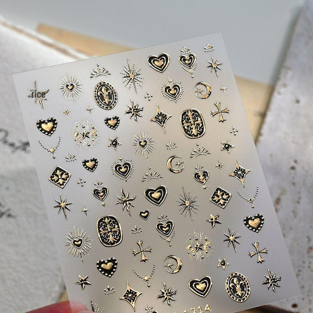 Gothic Starburst Metal Nail Art Stickers – Spicy Gold & Silver Stars, Hearts, and Crosses for DIY Nails