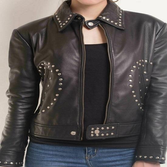 NOORA Women's Black Lambskin Leather Cropped Hot Jacket, Biker Modern Stylesh Classic Leather Jacket, Party Wear Studed Jacket