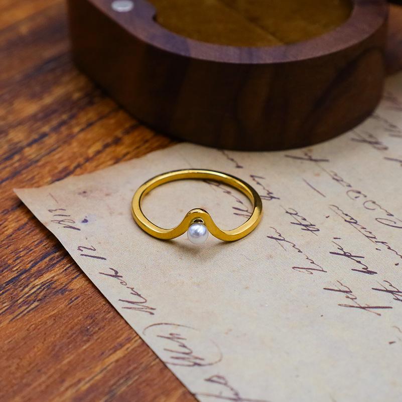 Nischad Designkänsla V-formad Liten Pärlring Dam Enkel Nischad Tunn Ring Öppen Pekfingerring