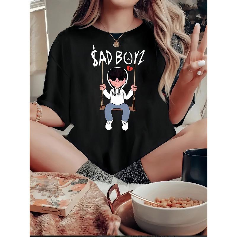 Women's Broken Swing Heart Crying Print T-Shirt Casual Crew Neck Short Sleeve Summer Top