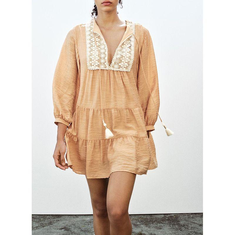 Spring and Summer New Women's Clothing Su Sui Series Accessories Contrast Color Embroider Comfortable Long Sleeve V-neck Short Dress 3897093