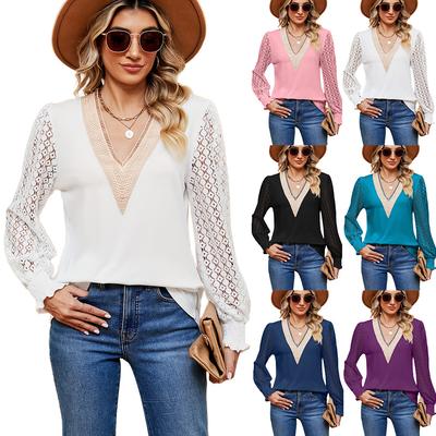 Women Autumn Spring Blouses and Shirts Lace Stitching V-neck Long Sleeve Casual Shirt Tops