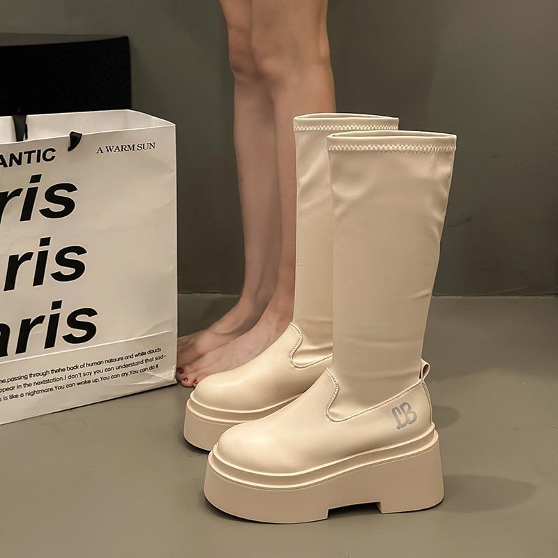 Sense Hohe Ritterstiefel Dicksohlige Trendstiefel Design Enge Stiefel Damen Enge Stiefel Vielseitige Elastische Stiefel