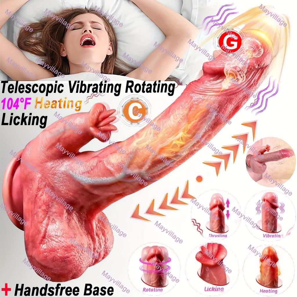 5-in-1 Telescopic Rotating Dildo Vibrator – Tongue Licking Clitoral Stimulator,Thrusting & Heating G-Spot Anal Toy,Hands-Free Base for Women & Couples