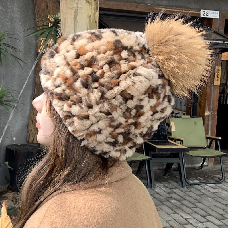 Retro Leopard Print Real Rabbit Hair Hat Women's Autumn and Winter Korean Version Warm Windproof Ear Protection Hat Hairball Knitted Hat Headgear
