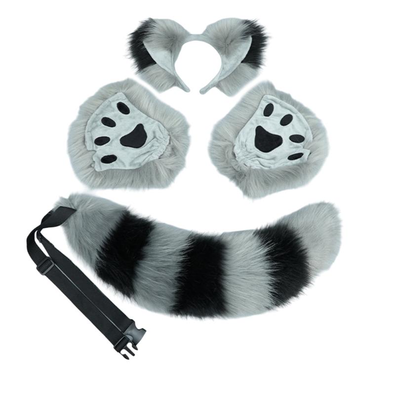 Cats Foxes Ear Headbands with Tail Set Foxes Tail,Glove Halloween Cosplays Props