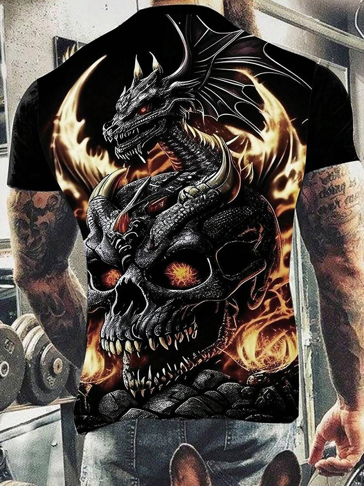 New Summer Daily Casual Men's Tops Street Fashion Dragon And Skull Printed Men's T-shirt Outdoor Sports Light Mens Tee