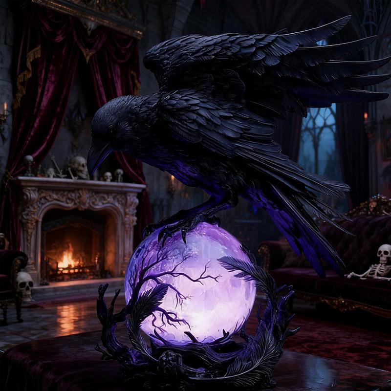 "Raven's Moonlight" Gotische Led Lamp – Mysterieuze Kraai Op Gloeiende Bol Sculptuur, 3D Holle Lantaarn Met Violet Licht