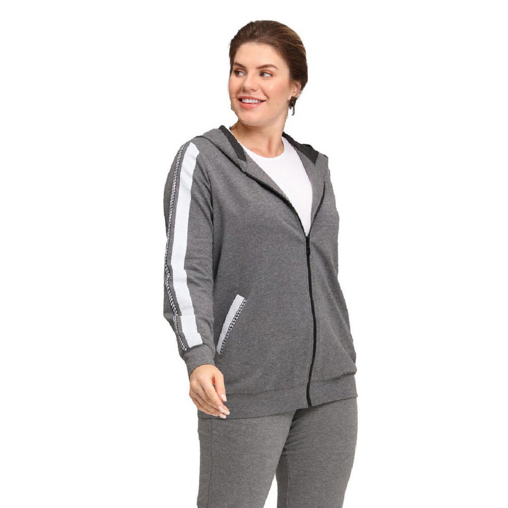 Fierte Women's Large Size Jacket Lm45011 Zipper Closure Seasonal Hood Stripe Detail Double Pocket Long Sleeve Sports Tracksuit Top Anthracite Black