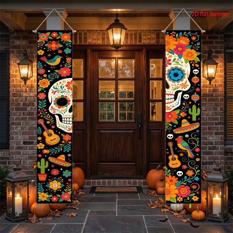 2D Flat, 2D Flat - 2D Flat, 2D Flat - 2D Flat Banner, 2pcs Set of Day of The Dead/Mexican Style Skull Floral Theme Polyester Door Banner, 30 X 180Cm,