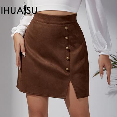 Autumn and Winter Women's Solid Colour Suede Bustier Skirt High Waist Metal Buckle Package Hip Short Skirt