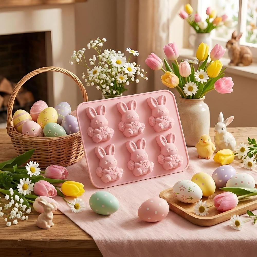 Cute Easter Bunny Silicone Mold – 6-Cavity 3D Ice Cube and Dessert Mold for Chocolate, Food-Grade Confectionery, and Cakes (3-Piece Set)
