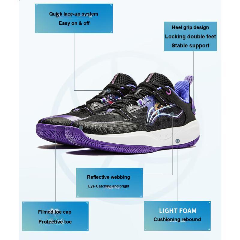 Li Ning Primary 3 V3 Comfortable Versatile Low Top Kids Basketball Shoes Kids Basketball Shoes Black Purple YKBU040-7