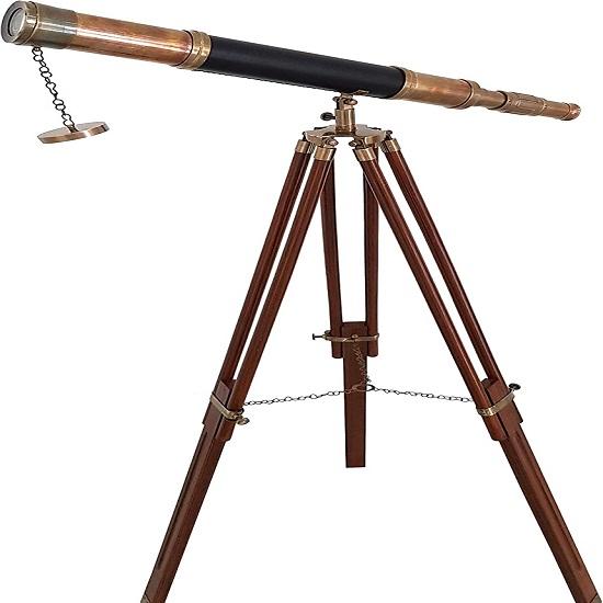 Antikes Teleskop, schwarzes Leder, Holzständer, Marine Royal Telescopes