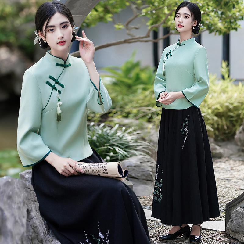 Women's Two-piece Outfit Three Quarter Sleeve Blouse High Waist Pantsuit Vintage Chinese Style Casual Set