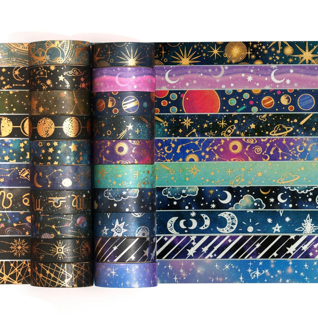 YUBBAEX Masking Tape Moon and Planet Designs Washi Paper Tape with Gold Foil Floral Decoration Tape for DIY Bullet Wrapping 20-Roll Set Space-themed
