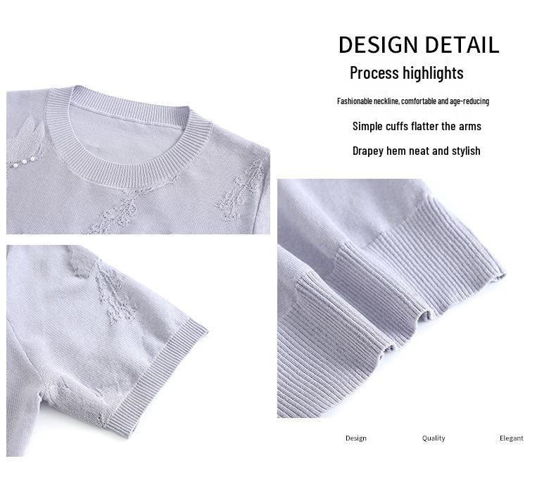 Stylish Ice Silk Knit T-Shirt – Short-Sleeve Round Neck for Middle-Aged and Elderly Women