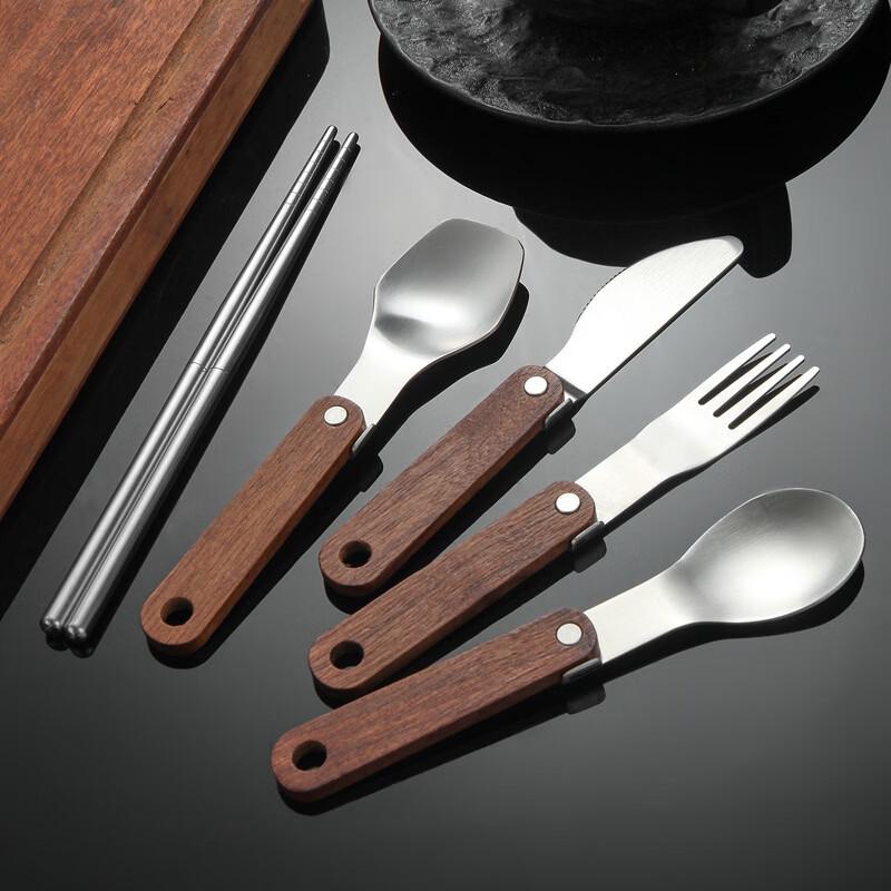 Portable Stainless Steel Folding Cutlery Set with Walnut Handle
