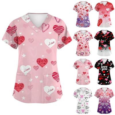 Damska Moda Krótki Rękaw Walentynkowy Nadruk Dekolt V Kieszeń Odzież Robocza Top