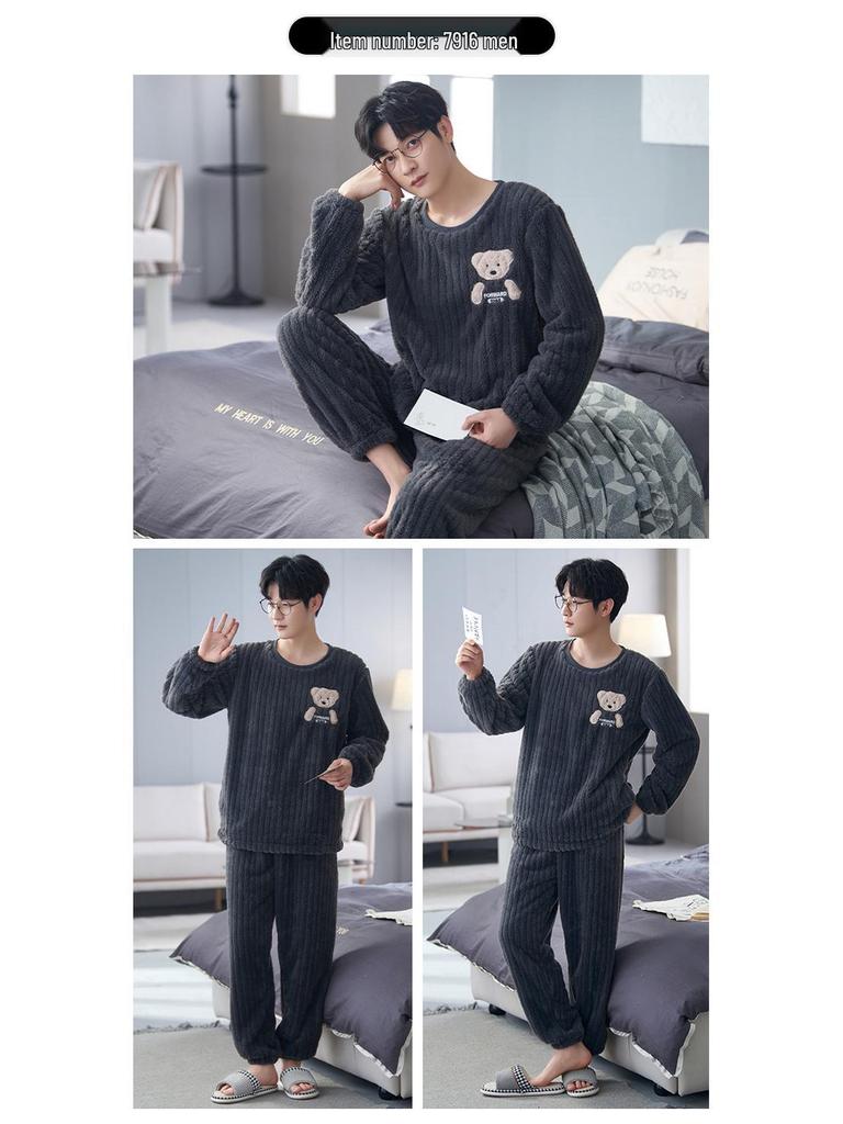 Men's Winter Thickened Coral Fleece Pajamas: Cute Cartoon Warm Homewear Set for Teenagers and Students