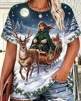 Women Christmas Pet Dog T‑Shirt, Girl With Golden Retriever Winter Snow Scene Graphic Casual Short Sleeve Holiday Daily Tee