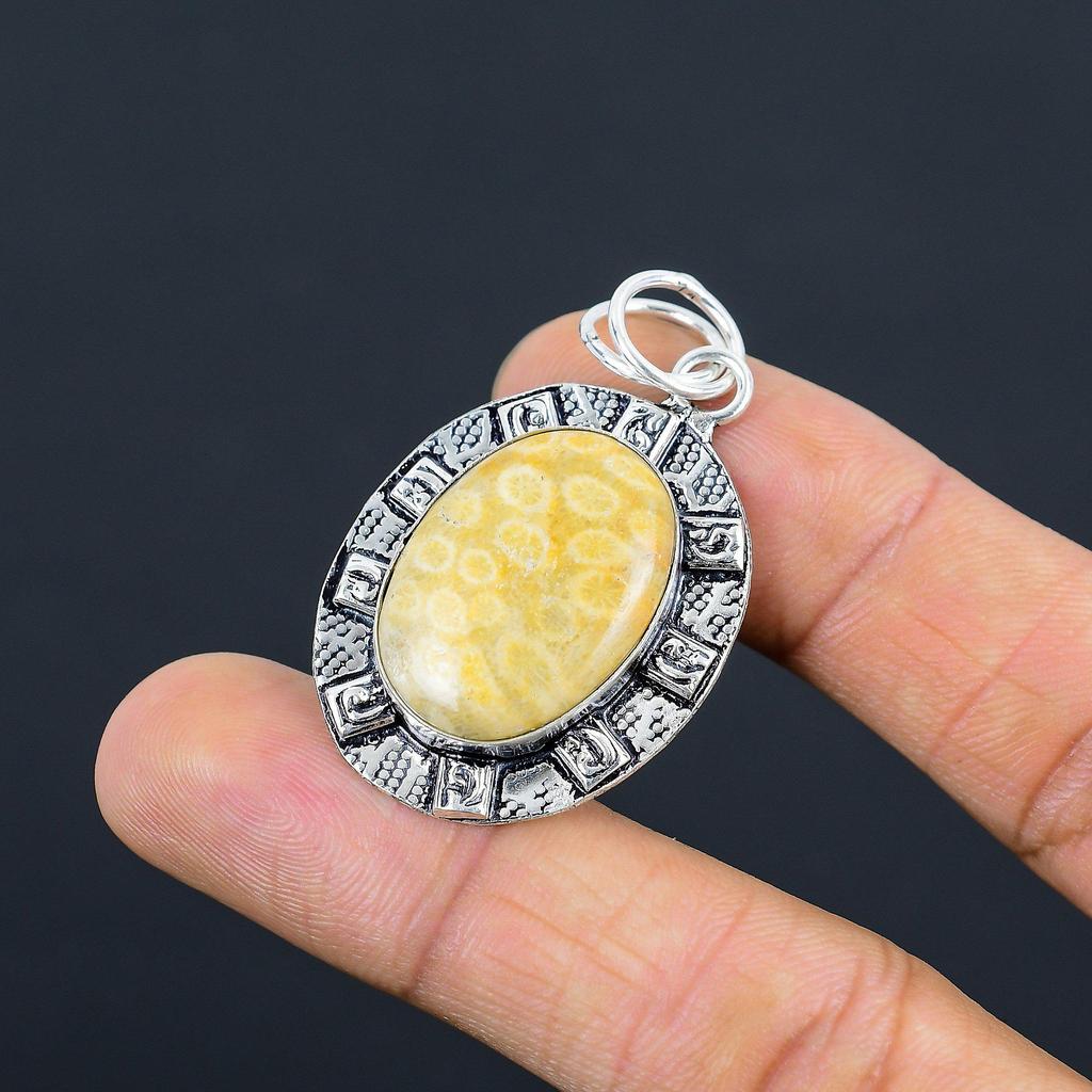 Halloween Sale Root Chakra Fossil Coral Gemstone 925 Sterling Silver New Pendant