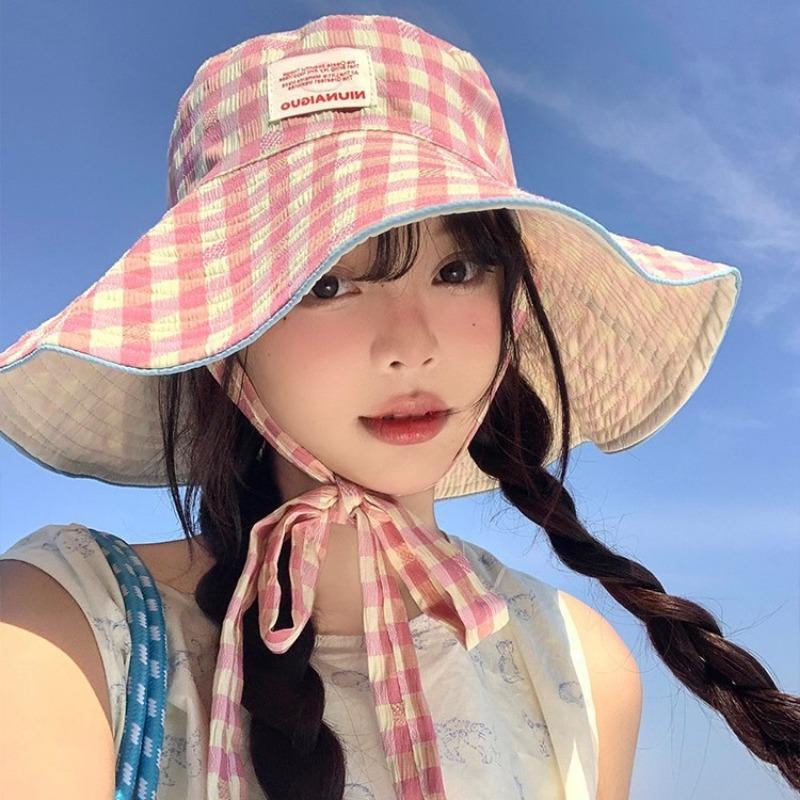 Double-sided Plaid Fisherman's Hat Children's Summer Thin UV-proof Foldable Large Brim Sunshade Sun Hat