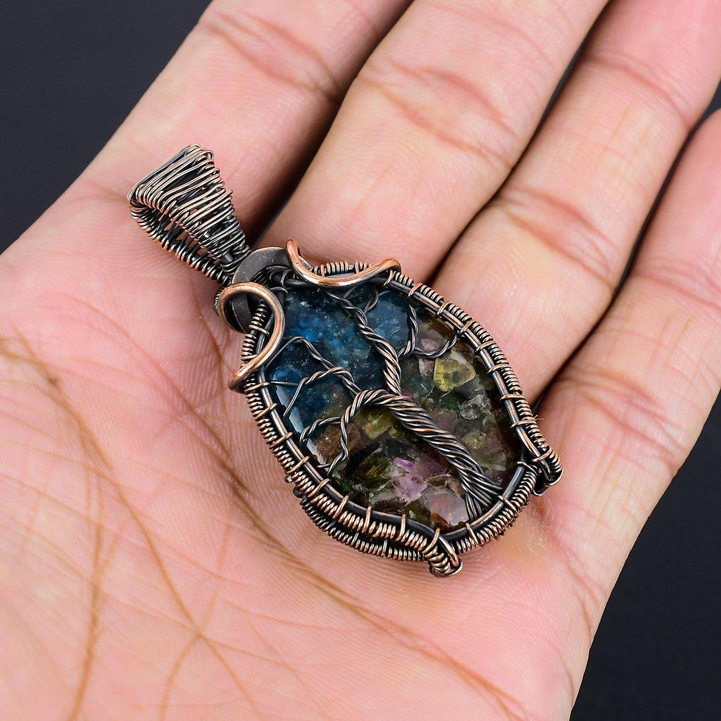 Water Melon Tourmaline Pendant, 999 Copper Wire Wrapped Gemstone Jewelry, Handmade Pendant, For Thanksgiving