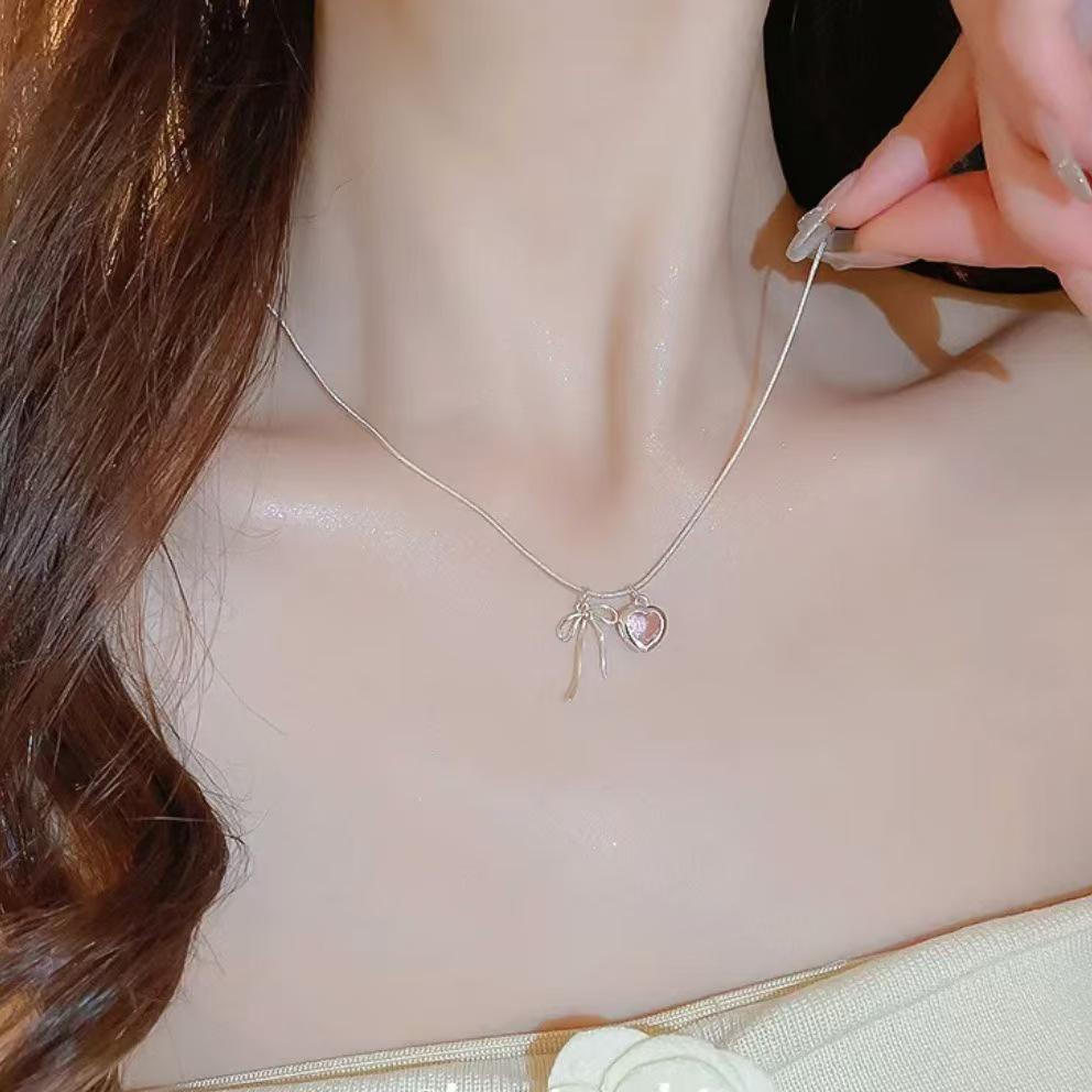S925 Sterling Silver Heart Bow Necklace for Women - Luxury 2024 Pink Diamond Clavicle Pendant