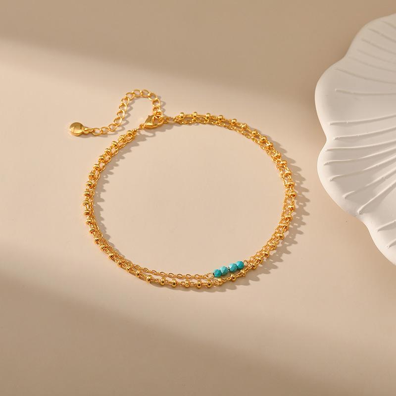 Gold Plated Double Layer Beaded Chain with Turquoise Accent Anklet