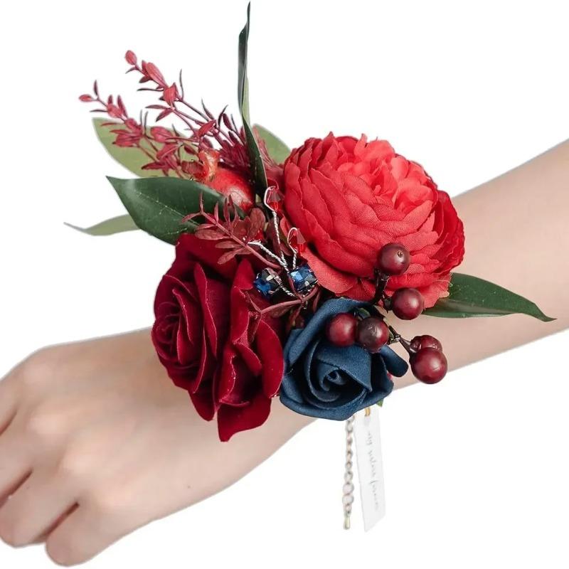 Valentine's Day Rose Wrist Corsage for Bride Groom Prom Wedding Artificial Silk Flowers Adjustable Wristband Artificial Flowers