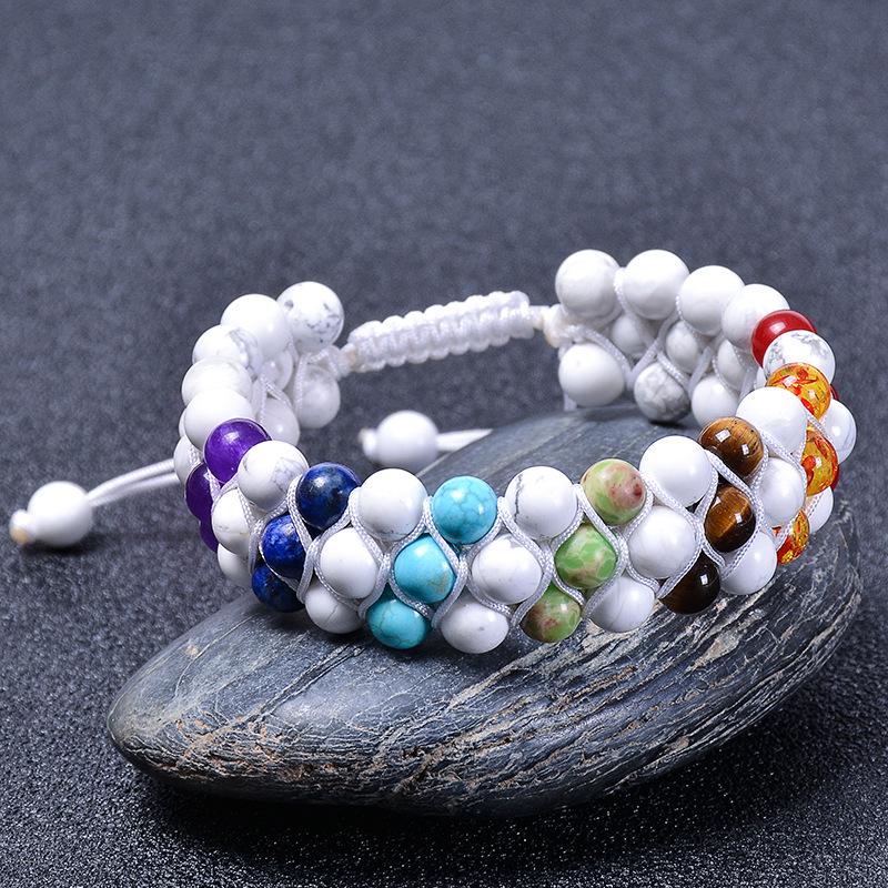 6MM natural turquoise, three row woven bracelet, natural stone, rainbow bead, three-layer bracelet, jewelry
