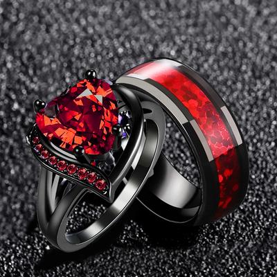 Fashion Couple Rings Romantic Women Heart Red Rhinestones Zircon Ring Fashion Men Stainless Steel Rings Wedding Party Jewelry