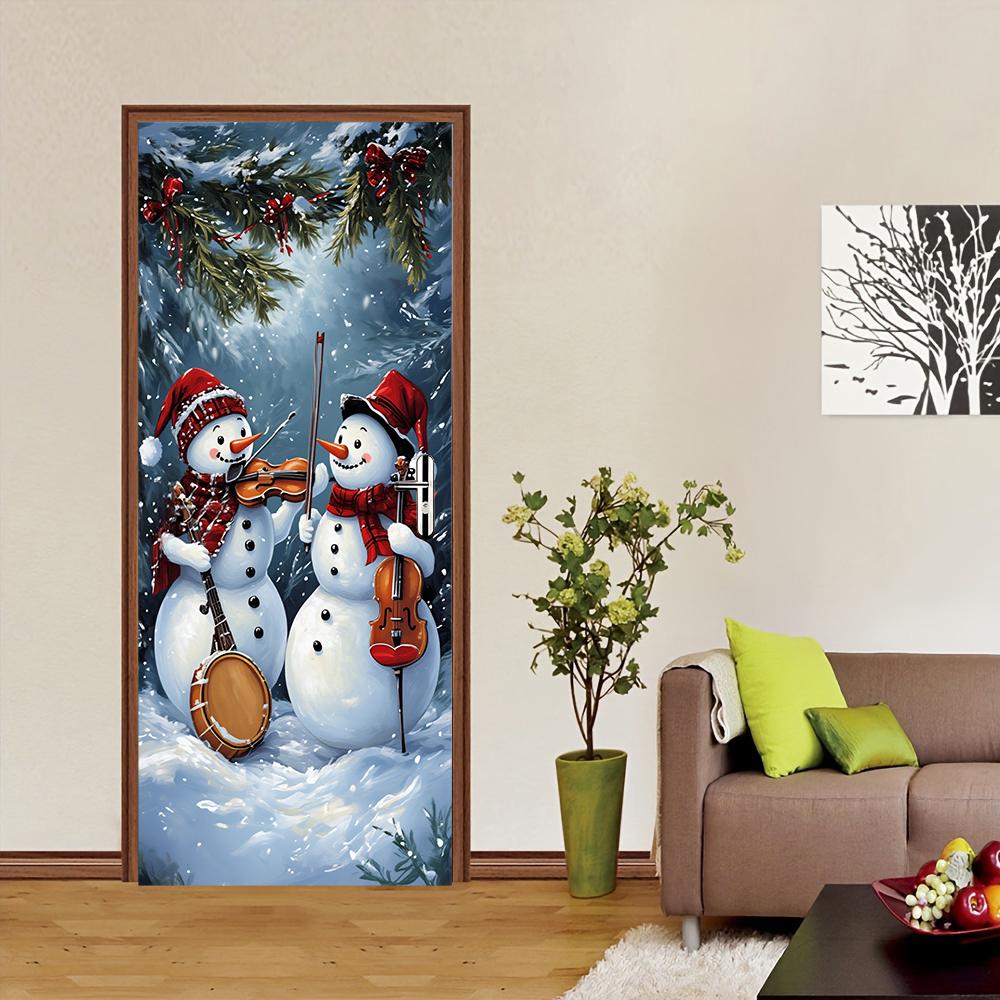 1pcs Christmas Decorative Door Stickers Cartoon Snowman Band Pattern Creative Festival Entrance Glass Stickers New Year Party Wi