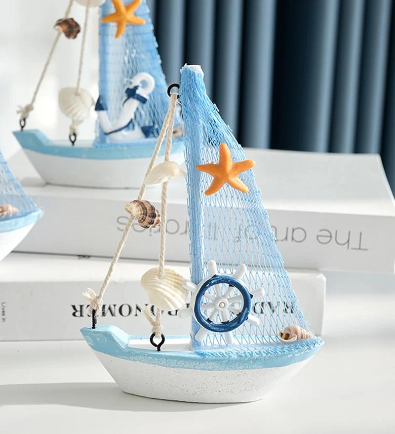 1pc Mini Mediterranean Nautical Wooden Blue Sailing Boat Wood Craft Ornament for Home & Party Decoration