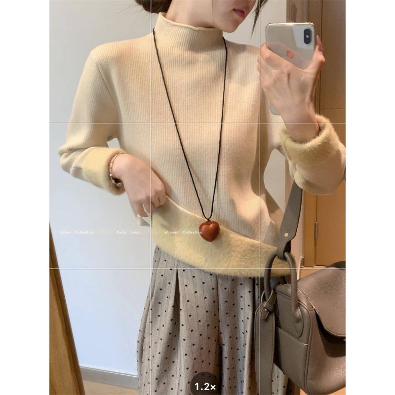 Semi-turtleneck Knitted Sweater Women's Spring Fleece Thickened Inner Backing Top Basic Casual Versatile Sweater