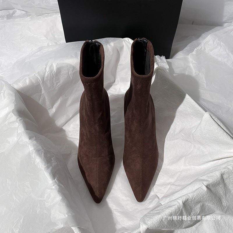 Women's Shoes Brown Short Boots Women's High Heels Autumn and Winter New Versatile French Thin Heel Elastic Boots Suede Pointed Thin