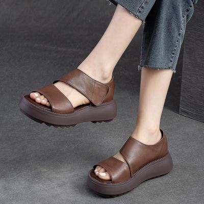 Női szandálok vastag talpú peep toe platform cipők valódi bőr vintage kényelmes szandálok